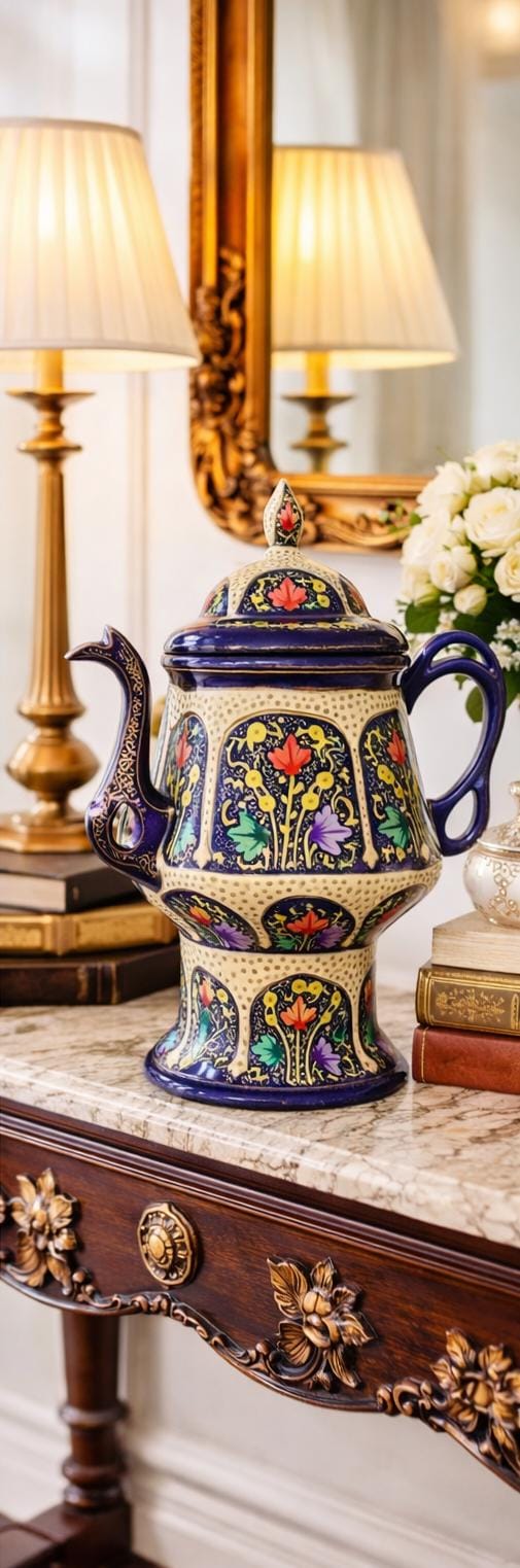Handmade Kashmiri paper mache samavar with gold finish and hand-painted floral and bird motifs for luxury home décor